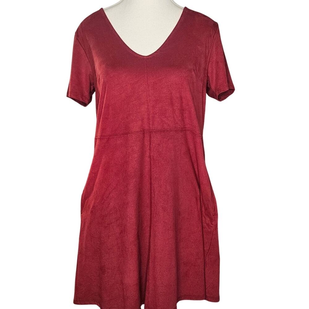 White Crow Faux Suede Shift Dress Womens Small Red V-Neck Pockets 34B 32L EUC